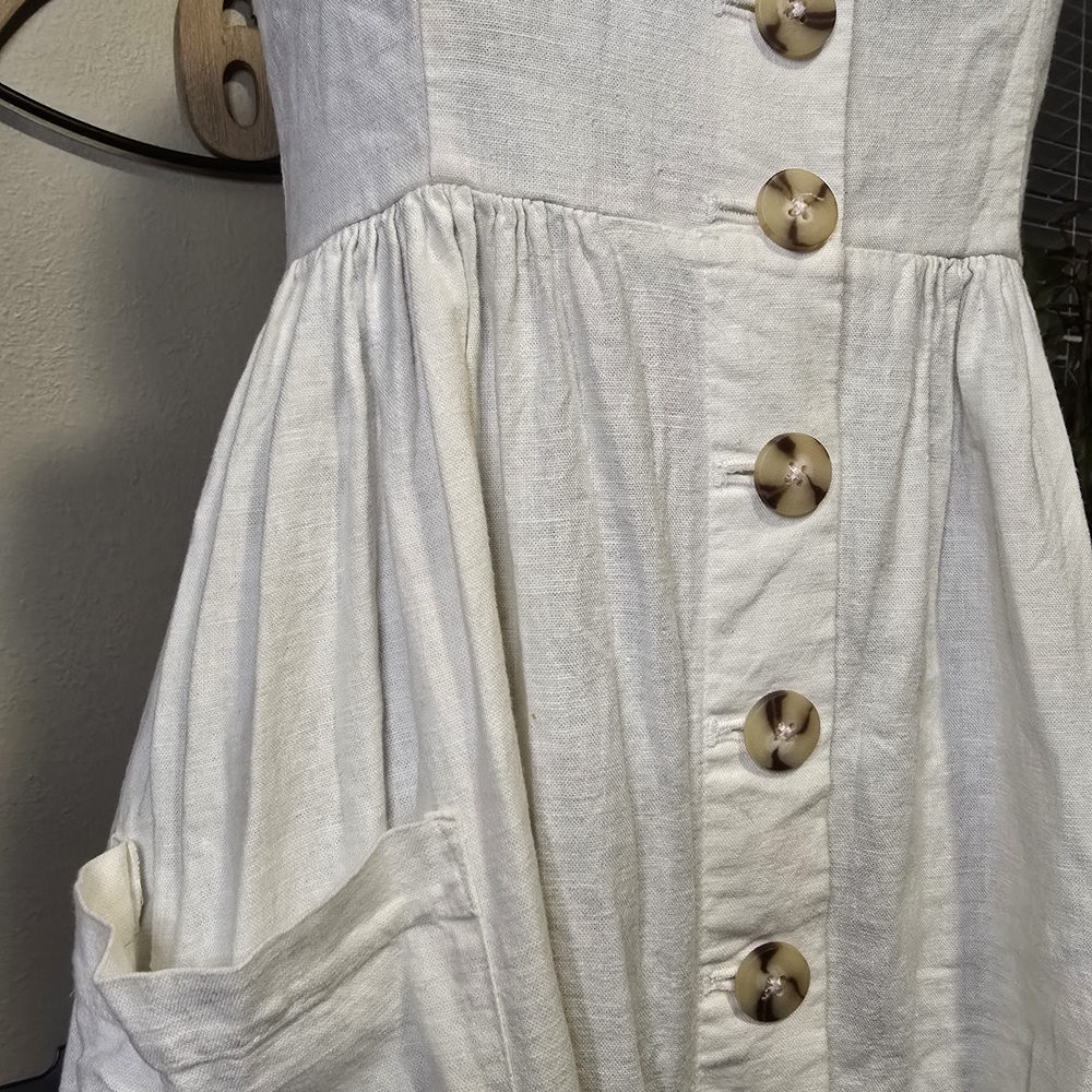 Cream Linen Blend Sundress | Button Front + Pockets | Size Small - Picture 3 of 4